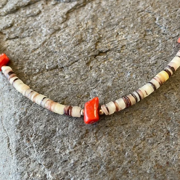Vintage 70’s Liquid Silver Red Coral Nuggets and Olive Heishi Choker Nec… - Picture 7 of 9